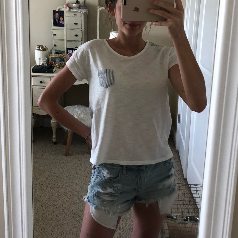 Gap White T-Shirt with Blue Striped Pocket & Back